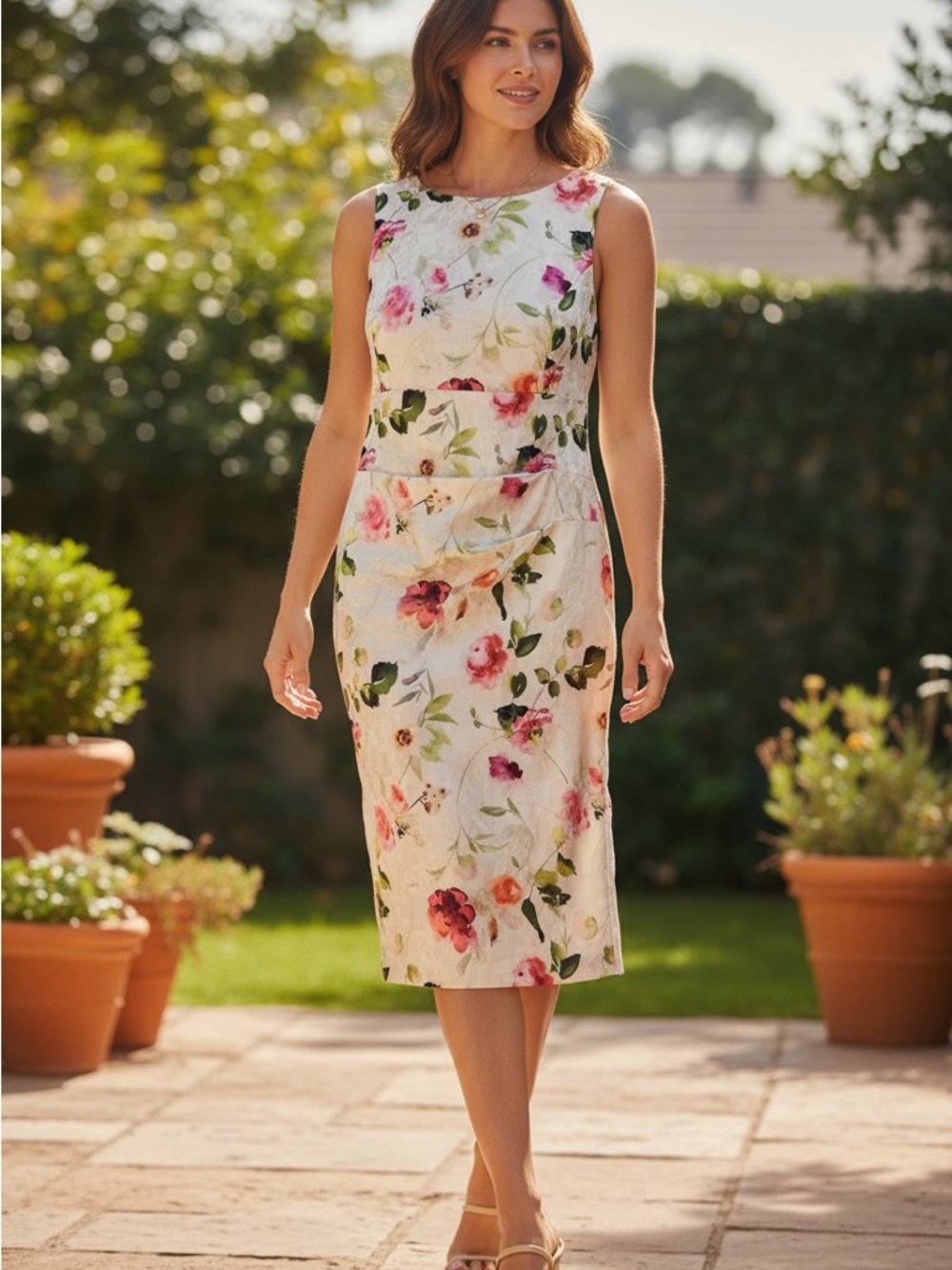 Eliza J Ivory Floral Midi Sheath Dress with Pink and Green Print